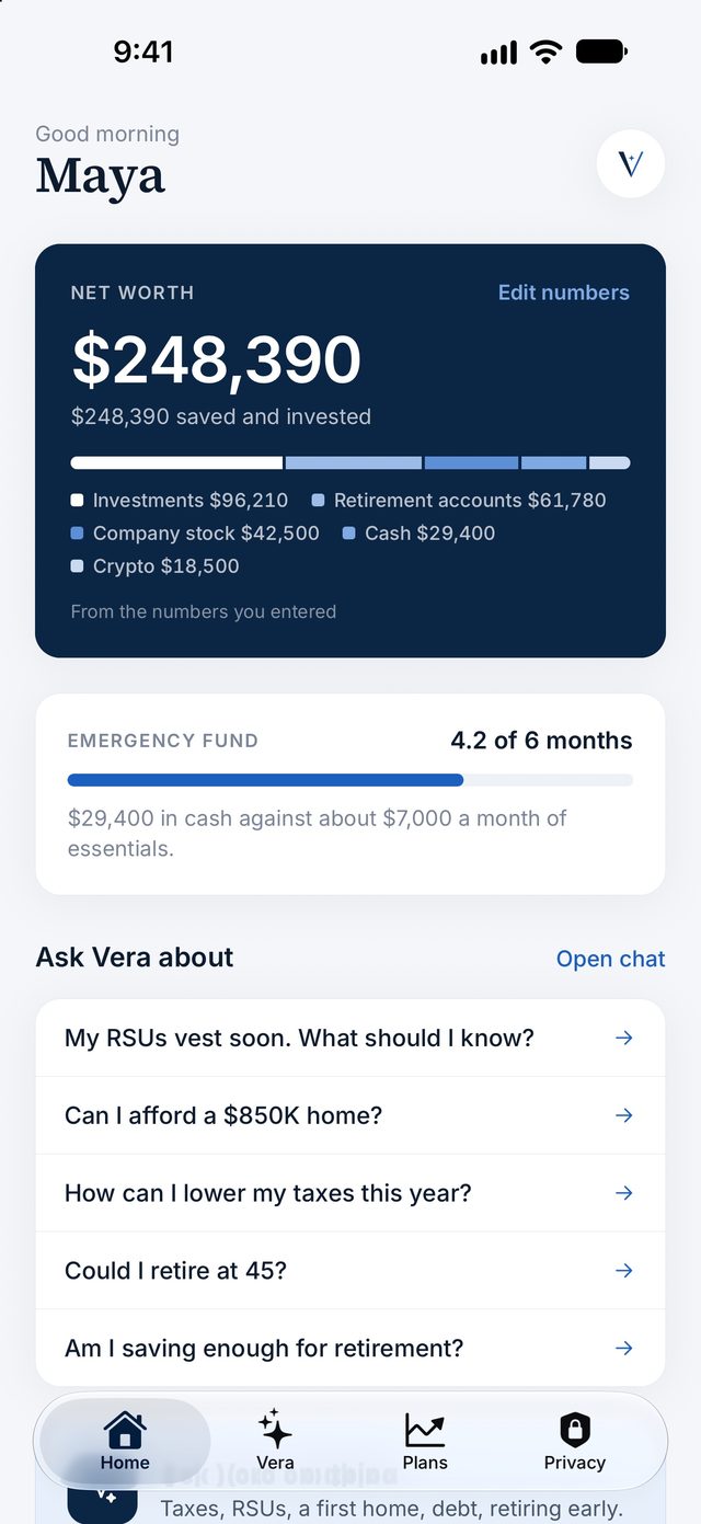 Vera's home screen: net worth, an emergency fund that covers 4.2 of 6 months, and suggested questions